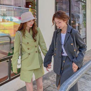 Set: Double-breasted Blazer + High-waist A-line Skirt
