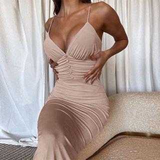 Spaghetti Strap V-neck Ruched Bodycon Dress