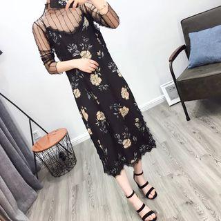 Lace Trim Floral Print Strap Dress