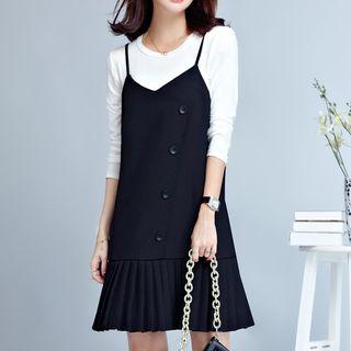 Set: Plain Long Sleeve Top + Buttoned Pleated Hem Slipdress