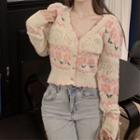 Long-sleeve Flower Print Cropped Knit Cardigan Sweater - One Size