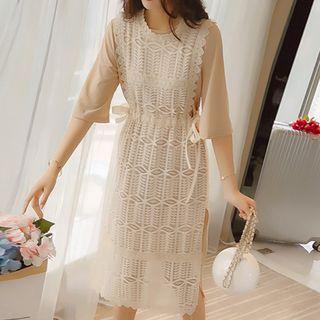 Set: Elbow-sleeve Dress + Lace Midi Pinafore Dress