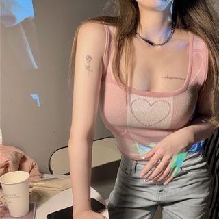 Heart Print Crop Tank Top Light Pink - One Size
