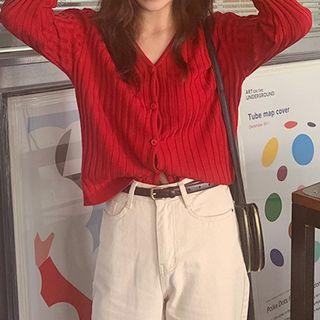 Rib Knit Cardigan Red - One Size