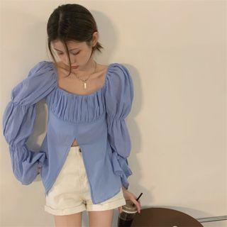 Square-neck Plain Irregular Slit Shirt Blue - One Size