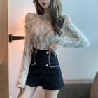 Long-sleeve Cold-shoulder Lace Top / Double-breasted Tweed Shorts / Lace-up Mini Skirt