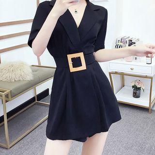 Set: V-neck Short-sleeve Playsuit + Belt