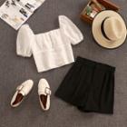 Set: Square-neck Short-sleeve Blouse + High-waist Shorts
