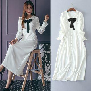 Peter Pan Collar A-line Plain Slim Bow Dress