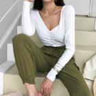Plunge-neck Shirred Ribbed Top