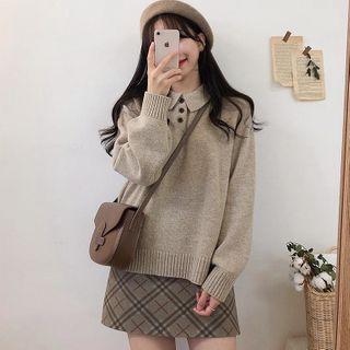 Set: Knit Polo Shirt + Plaid Mini Skirt