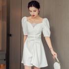Puff-sleeve Irregular Lace Trim A-line Mini Dress