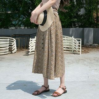 Buttoned Floral Chiffon A-line Long Skirt With Belt