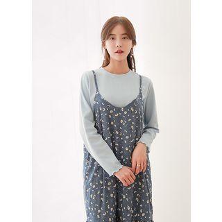 Long-sleeve Frill-edge Ribbed T-shirt
