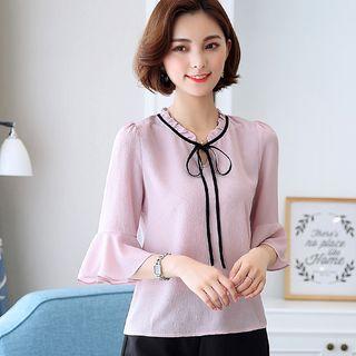 Ribbon Bell Elbow-sleeve Chiffon Blouse