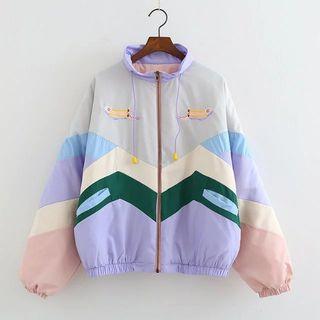 Color Block Padded Zip Jacket As Shown In Figure - One Size