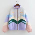 Color Block Padded Zip Jacket As Shown In Figure - One Size