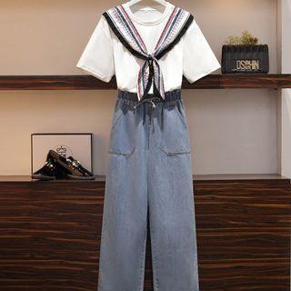 Short-sleeve Paneled T-shirt / Wide-leg Jeans