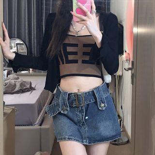 Long-sleeve Plain Cardigan / Lettering Tube Top