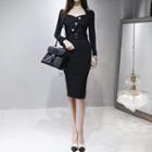 Long-sleeve Belted Buttoned Sheath Dress