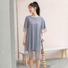 3/4-sleeve Mesh Paneled Letter A-line T-shirt Dress Grayish Purple - One Size