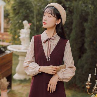 Mock Two-piece Plaid Collared Dress