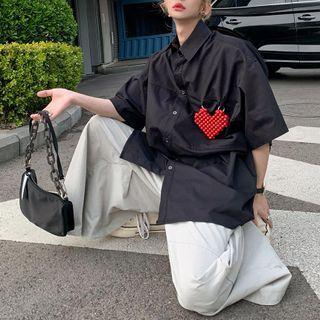 Short-sleeve Beaded Heart Accent Shirt