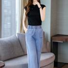 Set: Plain Cap-sleeve Hanfu Blouse + Cropped Wide-leg Jeans