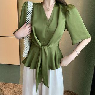 Elbow-sleeve Tie-front Blouse / Wide Leg Pants