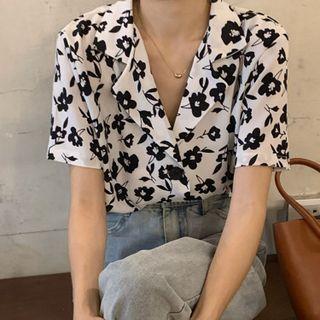 Short-sleeve Floral Shirt Black Flowers - White - One Size