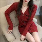 V-neck Button-up Mini Sheath Dress Red - One Size