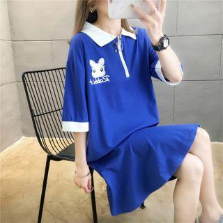 Printed Collared Elbow-sleeve T-shirt Dress