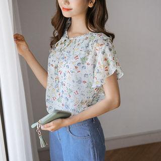 Ruffle-collar Floral Chiffon Top