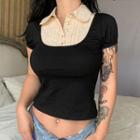 Short Sleeve Mock Two Piece Collared Crop Top