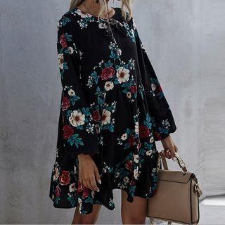 Long-sleeve Floral Print Lace-up Mini Dress