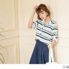 Stand Collar V-neck Striped Top