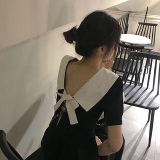 Short-sleeve Collar Midi A-line Dress As Shown In Figure - One Size