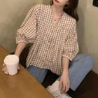 Elbow-sleeve Checked Buttoned V-neck Blouse