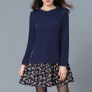 Mock Two-piece Floral Panel Long-sleeve Dress