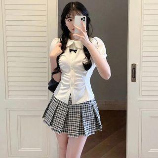 Short-sleeve Plain Shirt / Plaid Pleated Skirt / Set