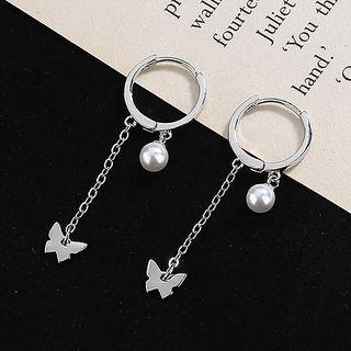 Butterfly Faux Pearl Drop Earring 1 Pair - Silver - One Size