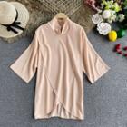 Stand-collar Elbow-sleeve Slit Top Almond - One Size