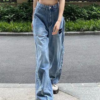 Fringed Trim Applique Wide Leg Jeans