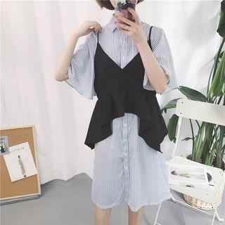 Pinstripe Short-sleeve Shirtdress / Peplum Spaghetti Strap Top