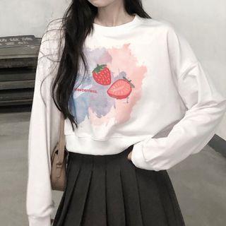 Long-sleeve Strawberry Print Cropped Sweatshirt