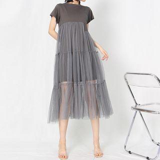 Asymmetrical Short-sleeve Shirred A-line Mesh Dress