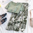 Plain Short-sleeve T-shirt / Leaf Print Midi A-line Wrap Skirt