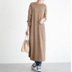 Long-sleeve Round-neck Plain Slit Knit Dress