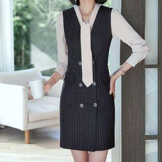 Set: Sleeveless Pinstriped Sheath Dress + Tie-neck Blouse