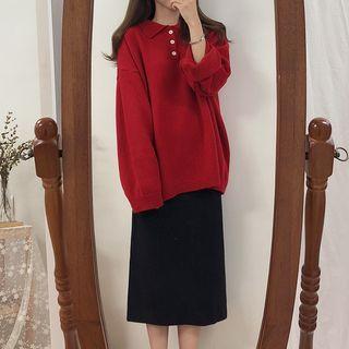 Polo Neck Sweater / Straight-fit Midi Skirt